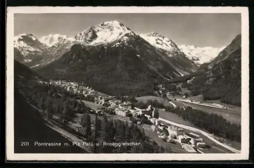 AK Pontresina, Ortsansicht aus der Vogelperspektive mit Piz Palü und Roseggletscher