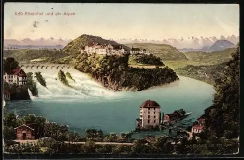 AK Neuhausen, Rheinfall und Schloss Laufen mit den Alpen