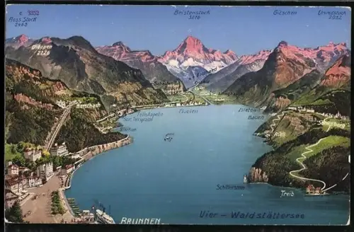 AK Brunnen, Vogelschau auf die Umgegung des Vier-Waldstättersees mit Seelisberg und Morschach