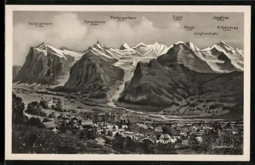 AK Grindelwald, Totalansicht mit Wetterhorn, Kl. Scheidegg und Mönch