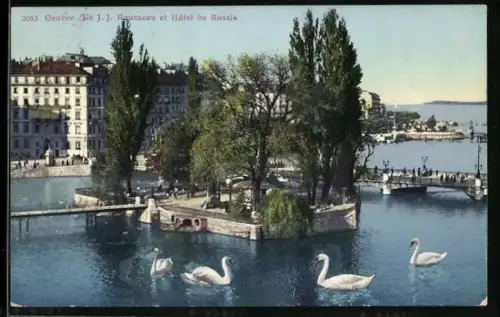 AK Genève, Île J. J. Rousseau et Hôtel de Russie