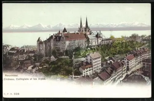AK Neuchâtel, Château, Collégiale et les Alpes