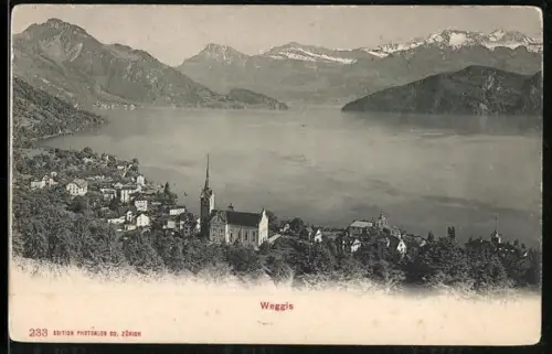 AK Weggis, Teilansicht des Ortes mit Gebirgspanorama