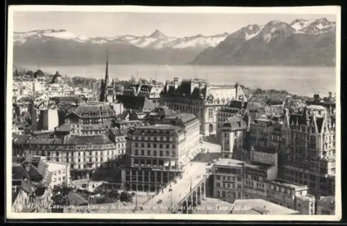 AK Lausanne, Vue sur le Grand Pont et les Alpes depuis la Tour Bel-Air