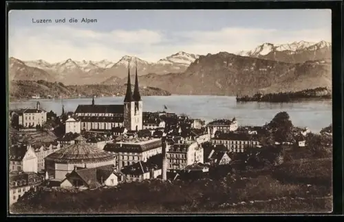 AK Luzern, Teilansicht des Ortes mit Alpenpanorama