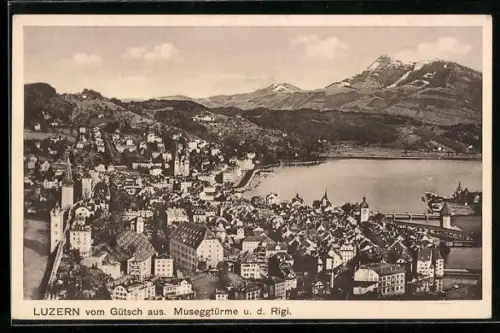 AK Luzern, Totalansicht vom Gütsch aus, mit Museggtürmen und Rigi
