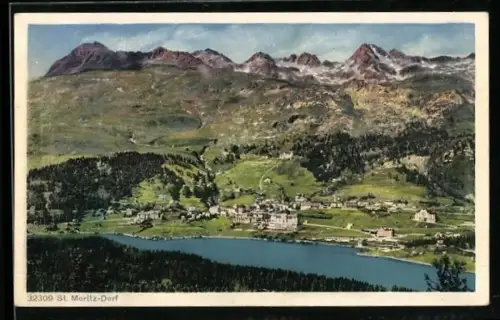 AK St. Moritz-Dorf, Totalansicht mit Gebirgspanorama