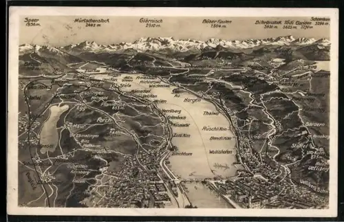 Künstler-AK Maur, Panorama mit Esslingen, Baldern und Binz, Glärnisch, Speer und Tödi