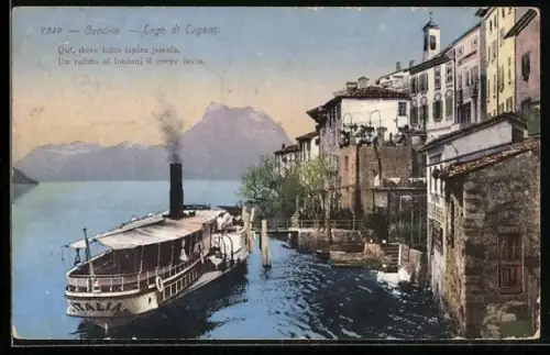 AK Gandria, Lago di Lugano, Dampfer Italia macht an Steg fest