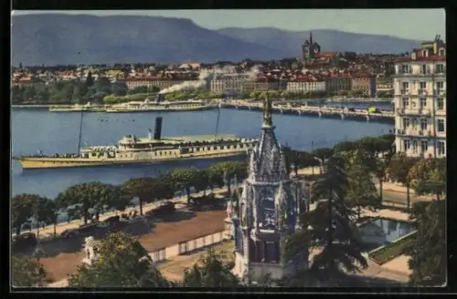 AK Genf, Raddampfer vor der Stadt mit Monument Brunswick