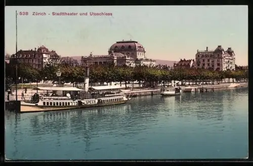 AK Zürich, Stadttheater und Utoschloss mit Dampfer Speer