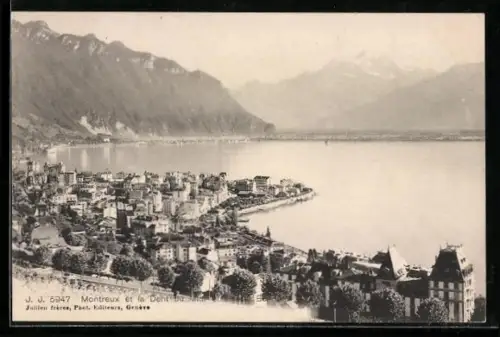 AK Montreux, Panorama et la Dent du Midi et l`Hôtel Belmont