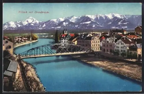 AK Villach, Draubrücke, Stadt- und Bergpanorama