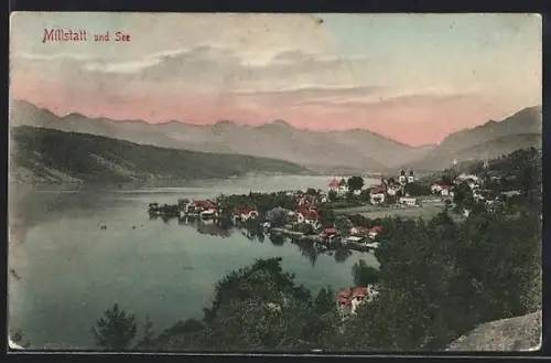 AK Millstatt, Panorama mit See, Ort und Kirche