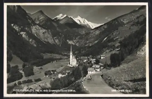 AK Heiligenblut, Panorama mit Grossglockner und Kirche
