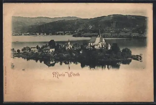 AK Maria Wörth, Kirche auf Halbinsel mit See- und Bergpanorama