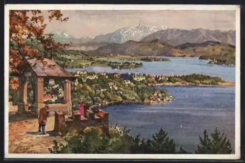 Künstler-AK Pörtschach am Wörthersee, Aussichtsterrasse mit See- und Bergpanorama