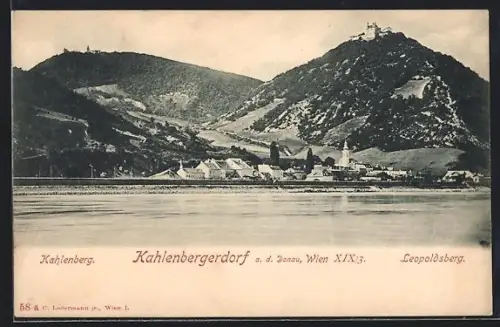 AK Kahlenbergerdorf a. d. Donau, Dorfansicht mit Kirche, Kahlenberg und Leopoldsberg