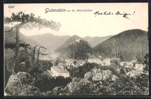 AK Gutenstein, Blick von der Heinrichshöhe, Ortsansicht mit Burg