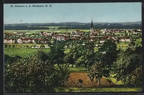 AK St. Valentin a. d. Westbahn, Panorama mit Kirche