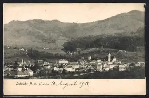 AK Scheibbs /N.-O., Panorama mit Kirche und Bergkulisse