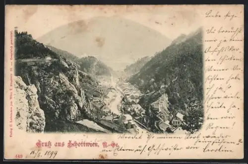 AK Schottwien /N.Ö., Panorama mit Dorf im Tal und Fluss