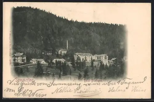 AK Semmering, Hotel Panhans, Kirche vor bewaldetem Hang
