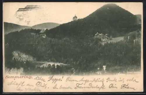 AK Semmering, Panorama mit Viadukt, Häusern und Kirche
