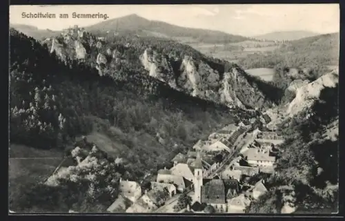 AK Schottwien am Semmering, Panorama mit Dorf, Kirche und Felsklippen