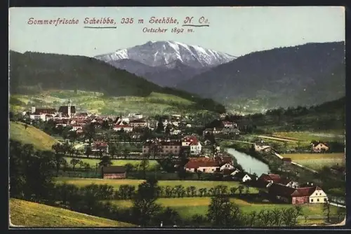 AK Scheibbs /N.-Ö., Panorama mit Dorf, Kirche und Ötscher