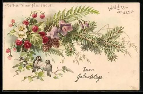 Lithographie Postkarte mit Tannenduft, Blumen- und Pflanzenensemble, Vögel