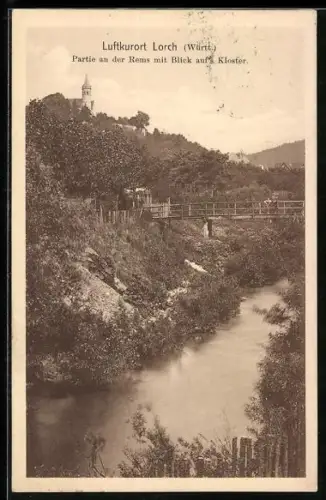 AK Lorch /Württ., Partie an der Rems, Blick auf Kloster