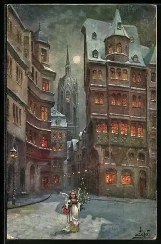 Künstler-AK Frankfurt a. M., Altstadt bei Nacht, Blick auf die Kirche