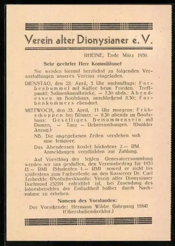 AK Rheine, Einladung Verein alter Dionysianer e. V. mit Programm April 1930