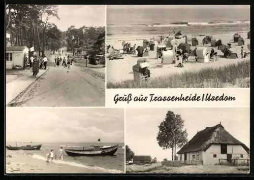 AK Trassenheide /Usedom, Strand, Strandkörbe, Fischerboote, reetgedecktes Haus