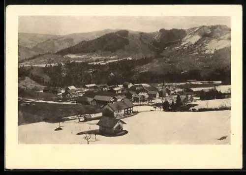 AK Steibis bei Oberstaufen, Ortsansicht gegen die Berge, Blick nach Norden