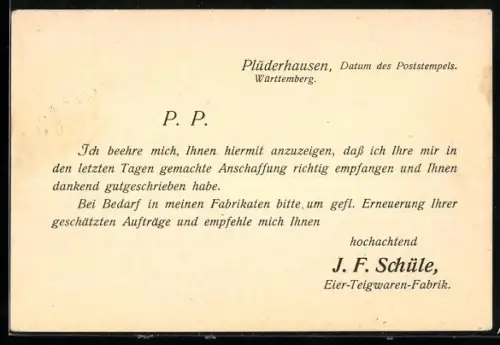 AK Plüderhausen, Eier-Teigwaren-Fabrik J. F. Schüle, Korrespondenz-Karte