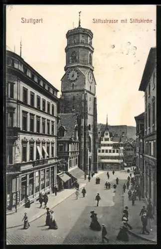 AK Stuttgart, Stiftsstrasse mit Stiftskirche