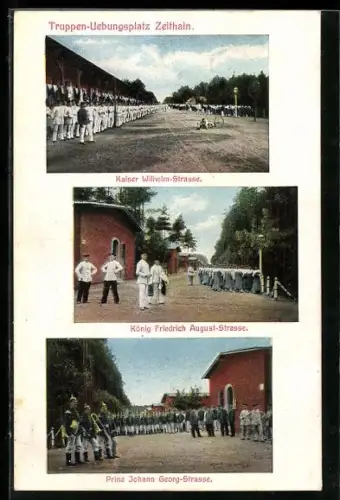 AK Zeithain, Truppen-Übungsplatz, Kaiser Wilhelm-Strasse, König Friedrich August-Strasse, Prinz Johann Georg-Strasse