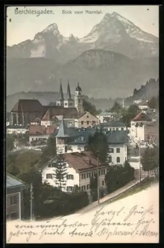 AK Berchtesgaden, Blick vom Nonntal auf Stadt und Watzmann