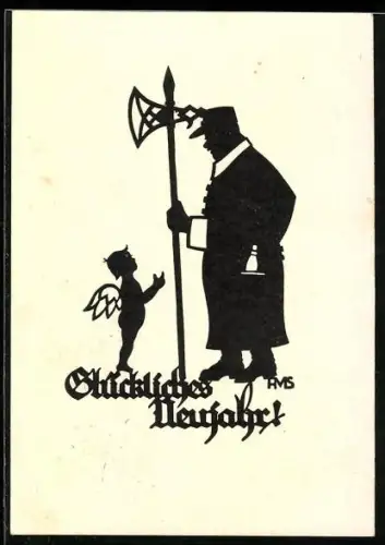 Künstler-AK Scherenschnitt eines Engels der vor einem Wachmann steht