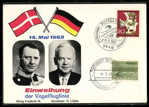 AK Einweihung der Vogelfluglinie 14. Mai 1963, König Frederik IX. von Dänemark und Bundespräsident Herinrich Lübke