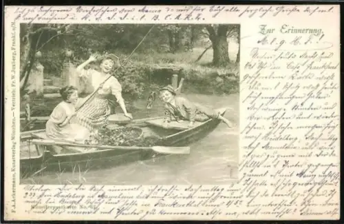 AK Kinder fischen beim Angeln einen Schuh aus dem Fluss