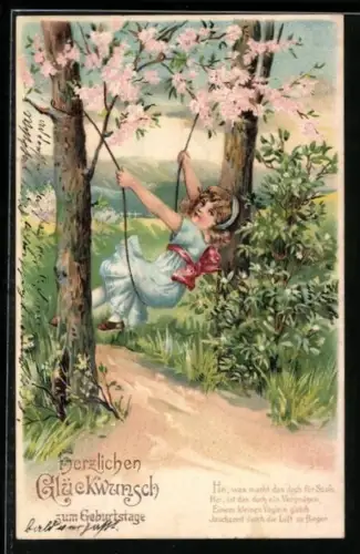 Präge-AK Mädchen sitzt auf der Schaukel, Glückwunsch zum Geburtstag