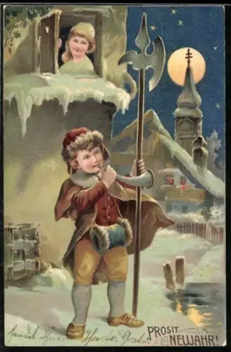AK Nachtwächter vor dem Fenster der Dame, Neujahrsgruss