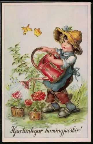 AK Kleiner Junge arbeitet als Gärtner im Garten und betrachtet die Schmetterlinge