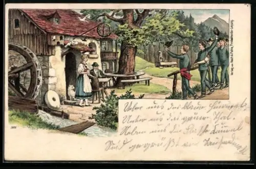 Lithographie Wanderer erreichen fröhlich ein Gasthaus, Gastronomie