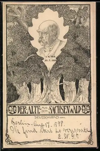 Künstler-AK Carl Jander: Der Alte aus dem Sachsenwald, Portrait Otto v. Bismarck, Eichelblatt