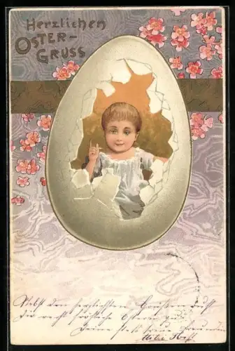 AK Ostern, Kind erscheint in Osterei, Blumen, Jugendstil
