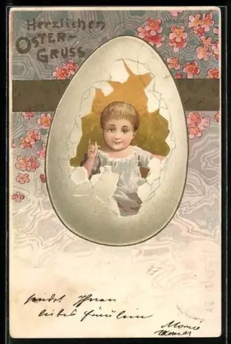 Künstler-AK Jugendstil, Knabe schlüpft aus einem Ei, Ostergruss